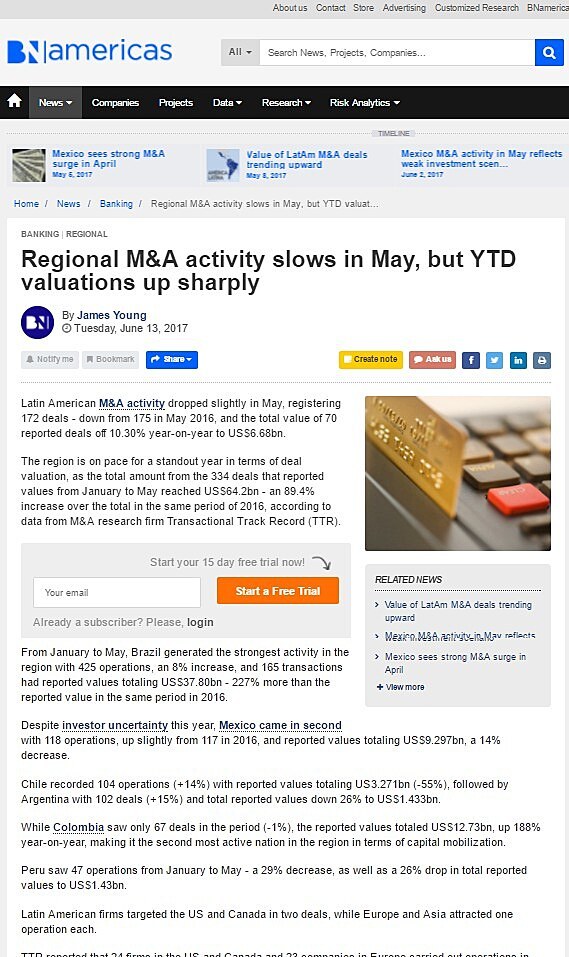 Regional M&A activity slows in May, but YTD valuations up sharply